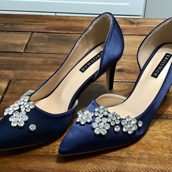 ERIJUNOR Satin Rhinestone Pumps~Navy~Size 6.5 - Picture 3 of 11